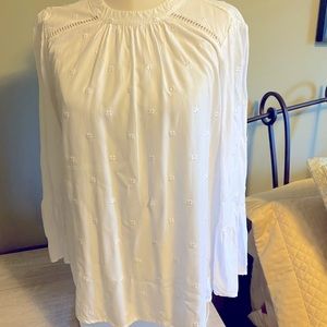 High neck blouse with buttons @ neck, bell 3/4 sleeve